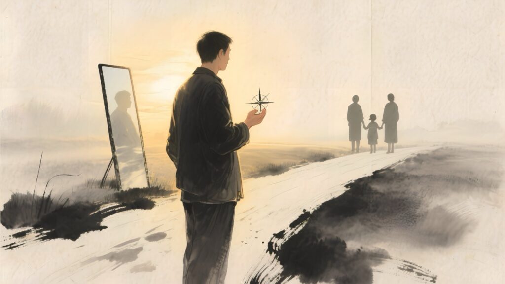 man looking at family in the distance