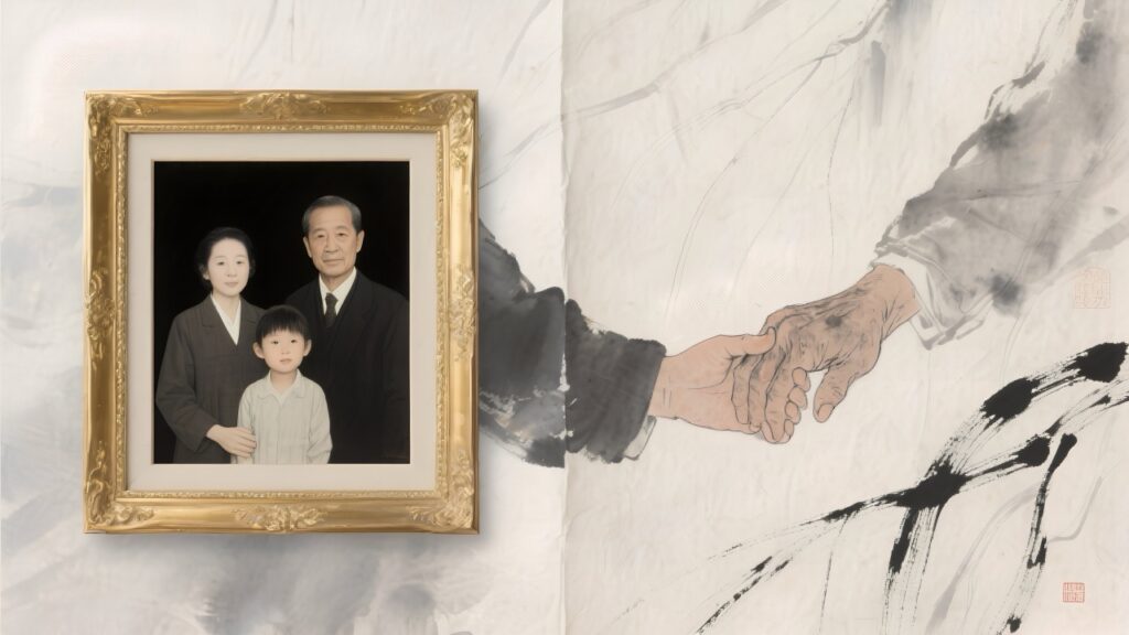 split view of picture framed family and father and son holding hands
