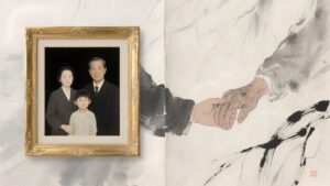 split view of picture framed family and father and son holding hands