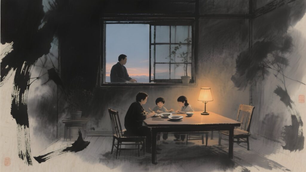 family inside home at table sharing a meal, man standing outside window