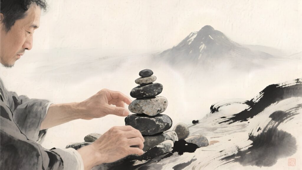 man setting up pile of stones as path marker