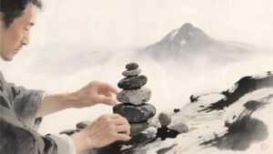 man setting up pile of stones as path marker