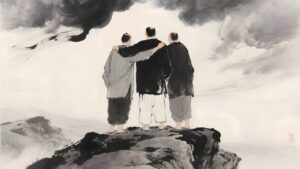 men standing in solidarity on cliff edge