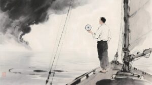 man standing on boat looking at stormy clouds
