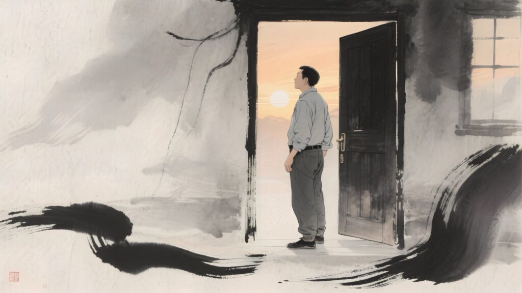 man standing at door, looking outside